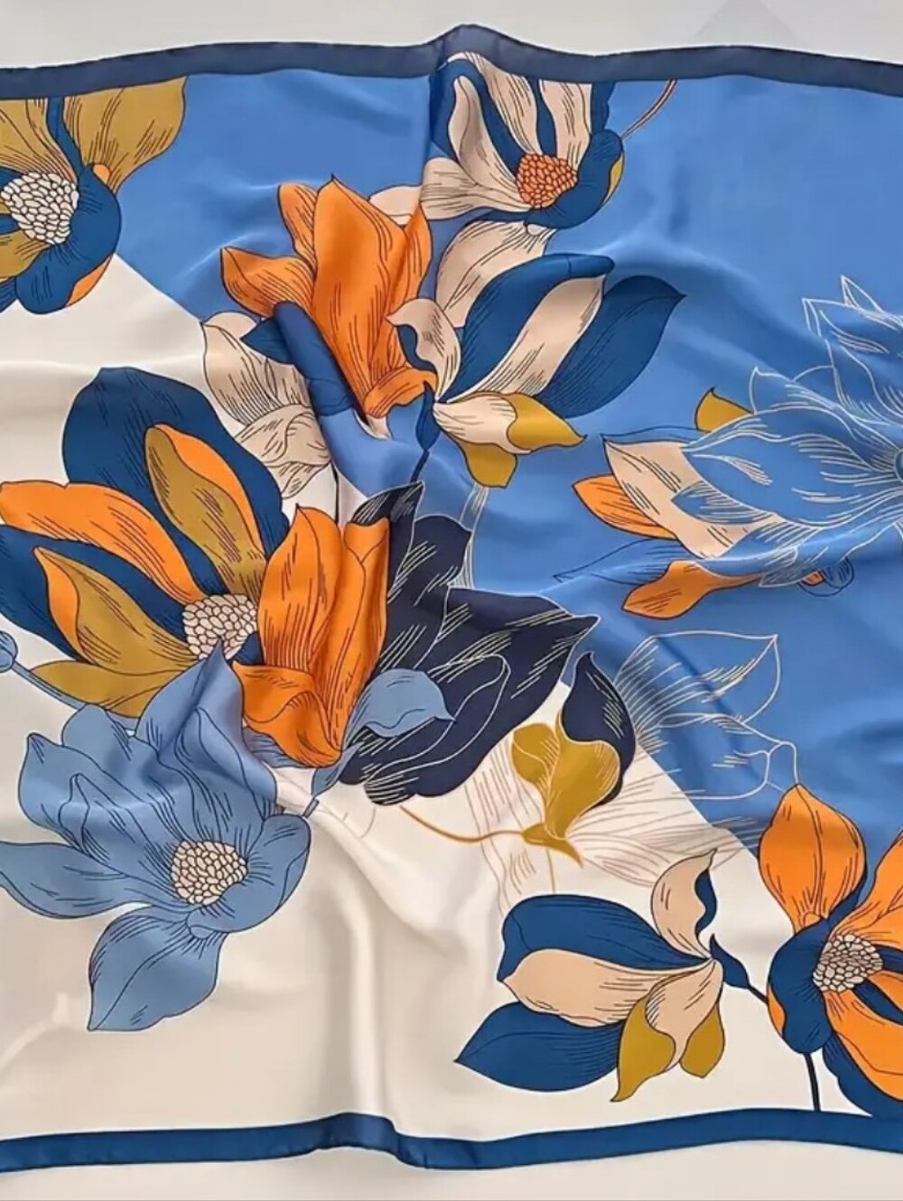 Silk-feel Vibrant Blue & Orange Floral Women Heaf Scarf , Neck Scarf - Picture 2 of 5